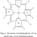 Figure 1: The strucure of metalloporphyrins I-IV are pyrrole rings; 1-8 are substituent positions. X positions are (=CH-) bridges