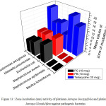 Figure 13 : Zone incubation (mm) activity of platinum Jatropa Gossypifolia and platinum Jatropa Glandulifera against pathogenic bacterias