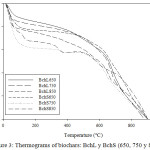 Figure 3: Thermograms of biochars: BchL y BchS (650, 750 y 850).