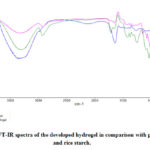 Figure 3: FT-IR spectra of the developed hydrogel in comparison with pure PVA and rice starch. 