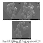 Figure 2: FE-SEM images of Y-90 resin microspheres (a), Y-90  glass microspheres (GL1 b) and Y-90 gel microspheres (c)